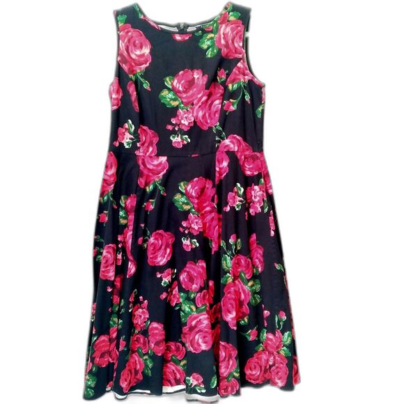 Lady Vintage Hot Pink & Icy Red Roses Floral Print Sleeveless Swing Dress XS - Picture 1 of 12